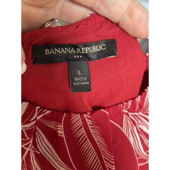 Banana Republic Dress Red Leaf Print Chiffon Midi Short Sleeve Summer Sundress - Picture 2 of 5